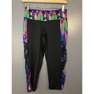 Aviva Sports Leggings Womens Small Black Multicolor Capri Mesh Panels Athletic